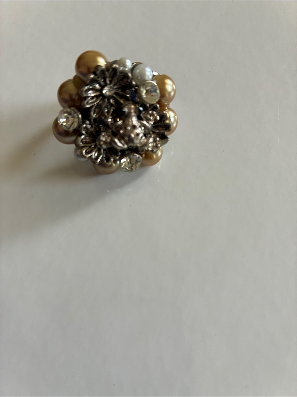 Gold & Silver Tone Pearl Cluster Floral Cocktail Ring - Women Jewelry